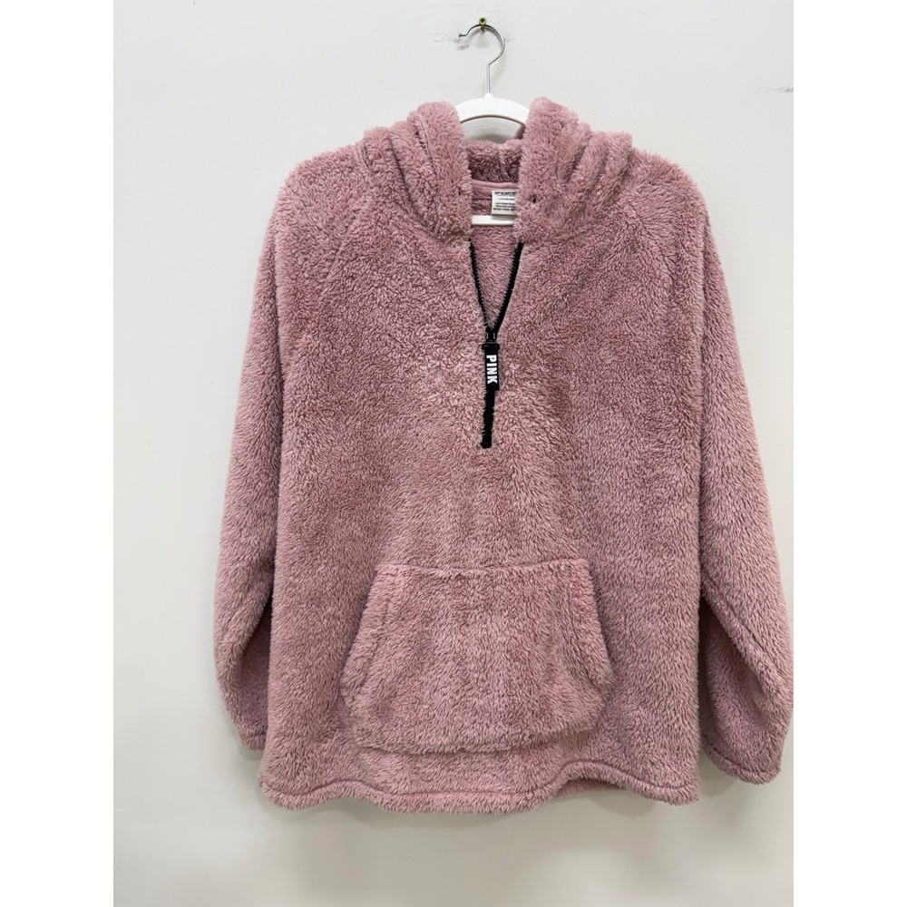 PINK‎ Victoria's Secret Sherpa Hoodie Large Quarter Zip Fleece Pullover Pink